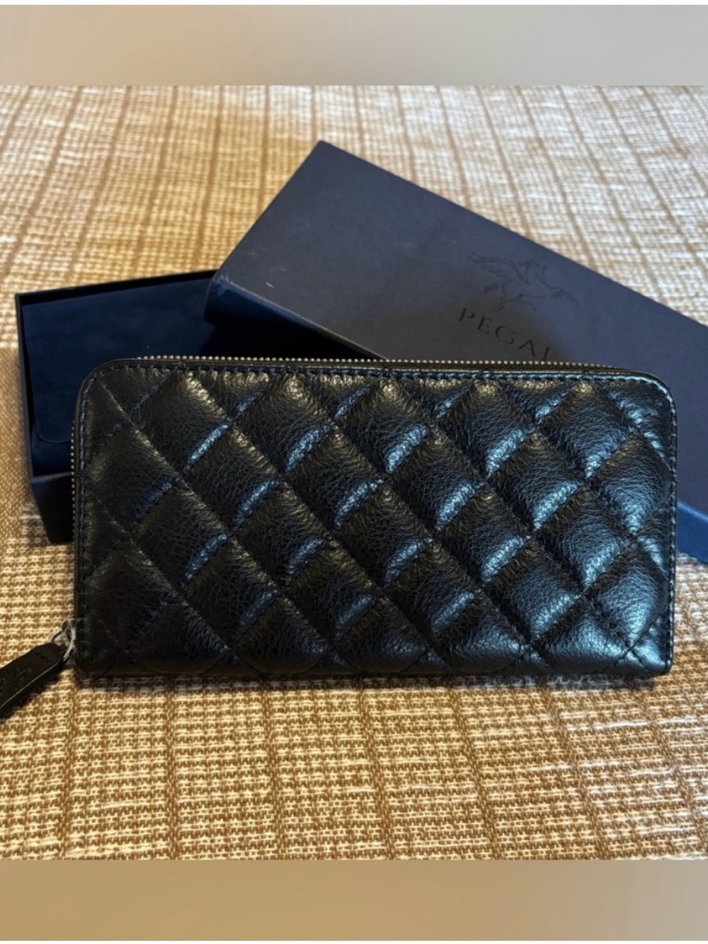 NIB Pegai Sherry Zip Around Wallet - Quilted Leather, Nicon Black